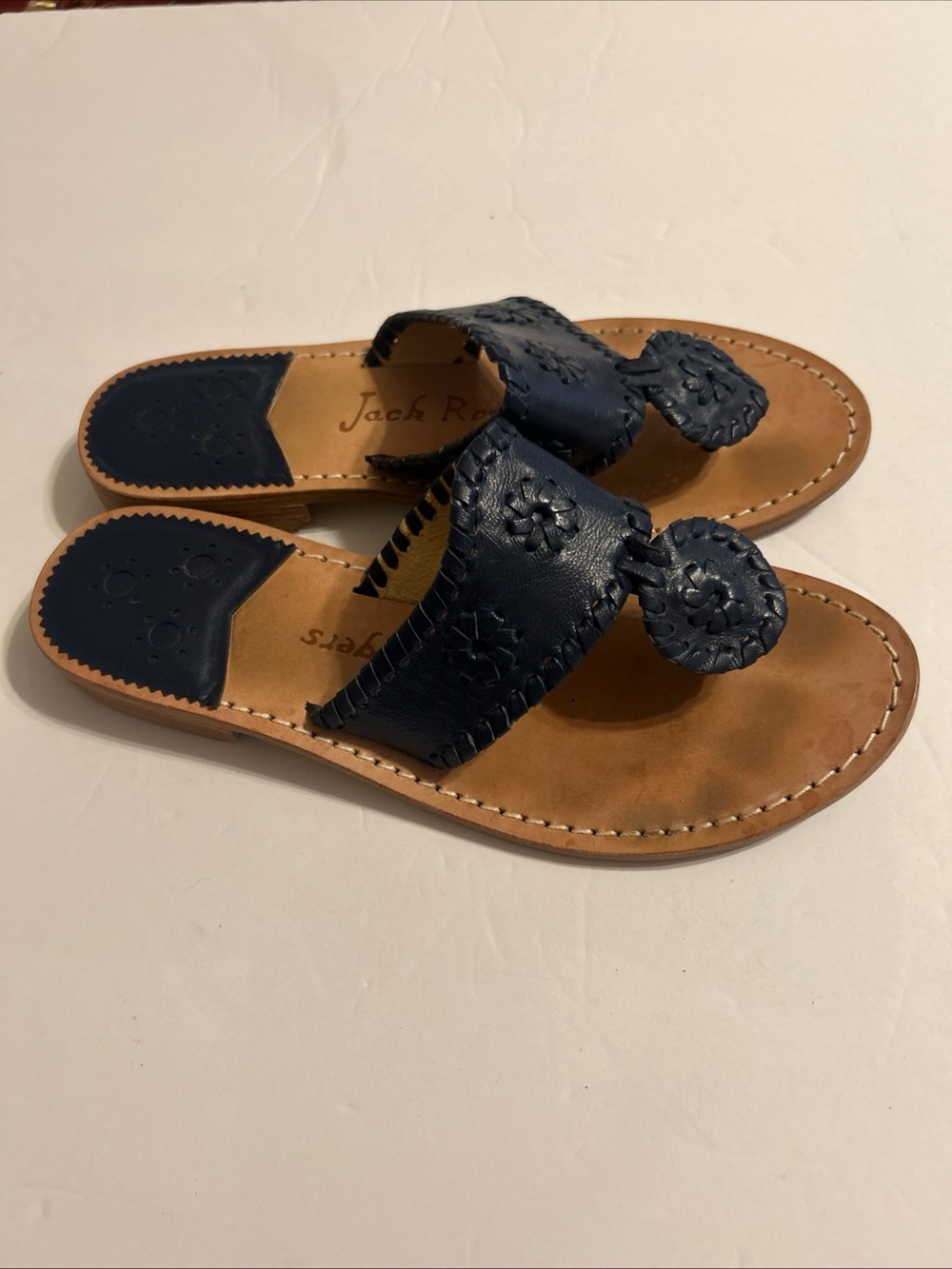 Jack Rogers Navy Leather Whipstitched Toe-Post Sandals - Picture 2 of 5
